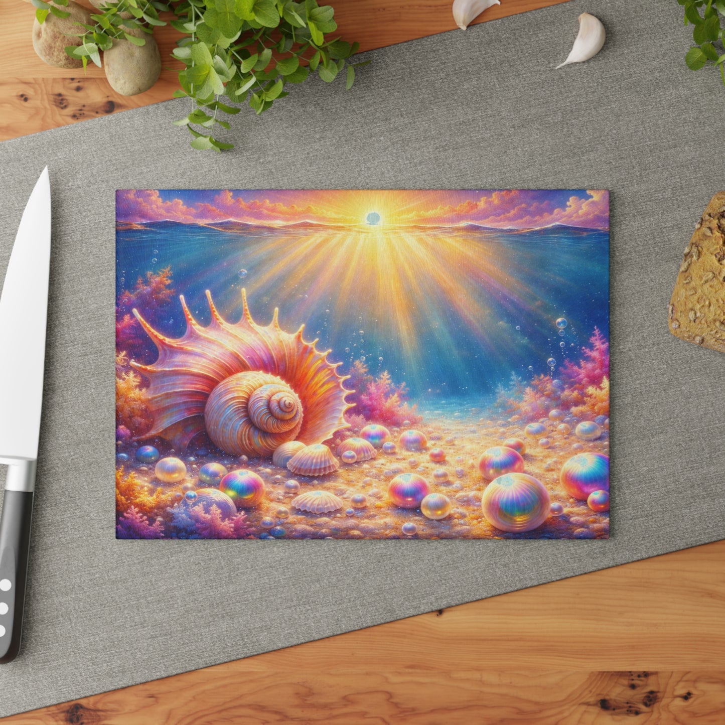 Ocean Sunrise Seashell Glass Cutting Board – Colorful Coastal Kitchen Art