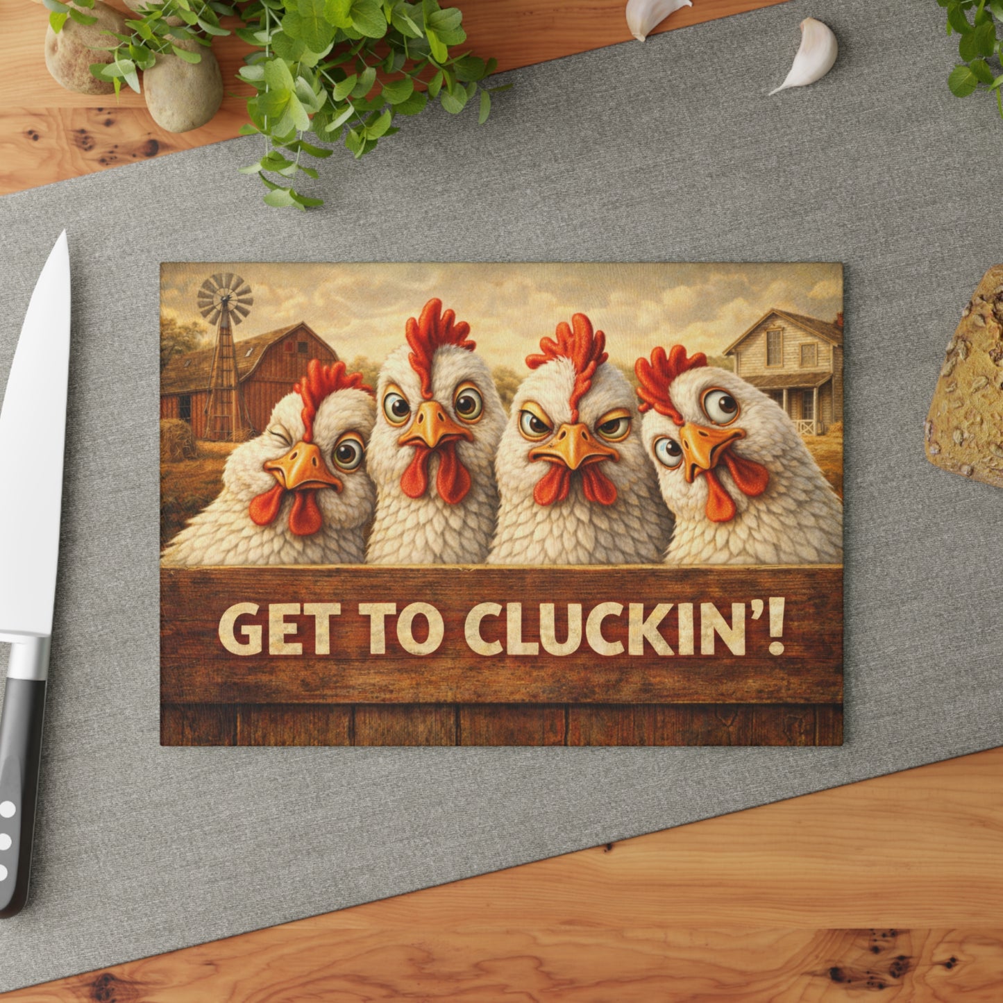 Get to Cluckin’! Funny Chicken Glass Cutting Board – Bold Farmhouse Kitchen Humor