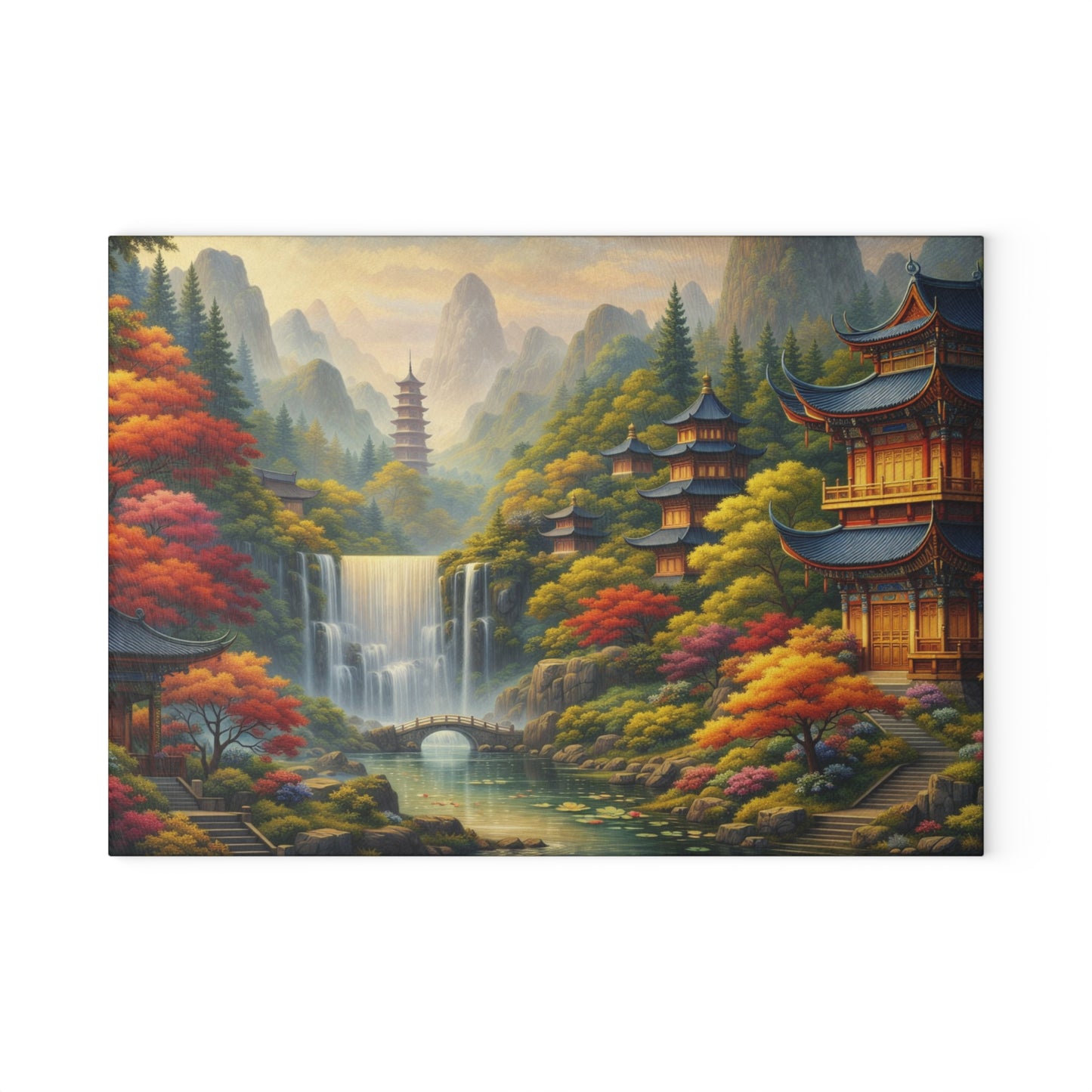 Asian Temple Garden Waterfall Glass Cutting Board – Serene Mountain Landscape Art