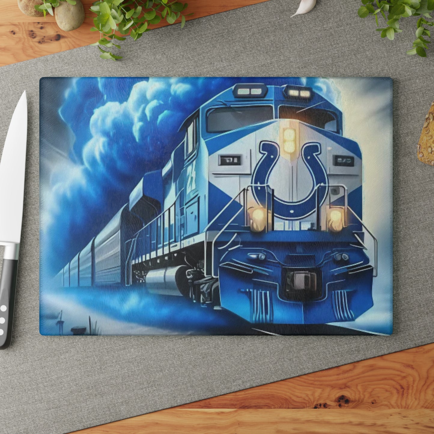 Royal Blue & White Express Glass Cutting Board – Sleek Train Art for Clean, Modern Kitchens
