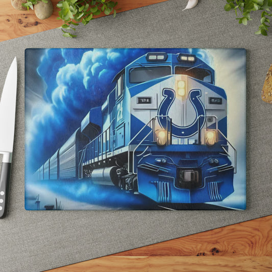 Royal Blue & White Express Glass Cutting Board – Sleek Train Art for Clean, Modern Kitchens