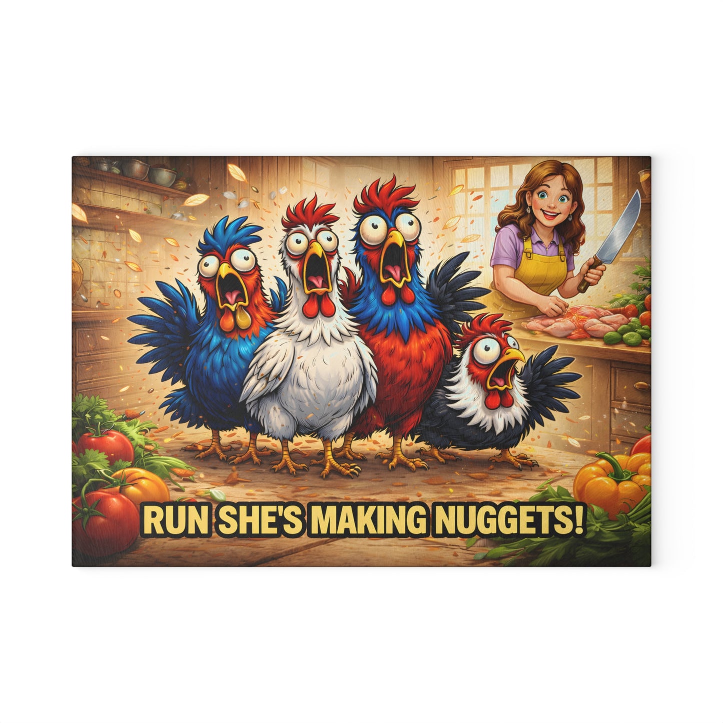 Run She’s Making Nuggets! Glass Cutting Board – Funny Chicken Kitchen Art