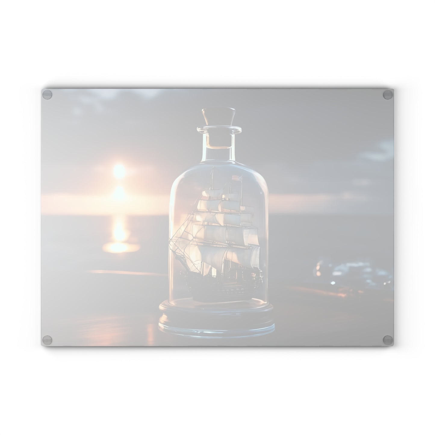 Tabla de cortar de vidrio templado con un barco antiguo en una botella: diseño de atardecer náutico