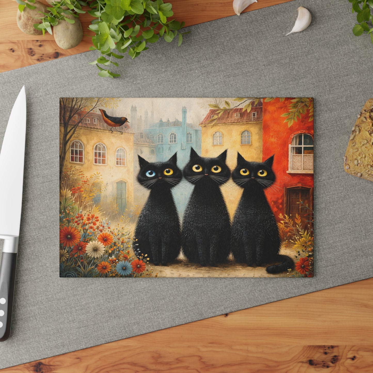 Whimsical Black Cat Glass Cutting Board – Storybook Village Cat Art Kitchen Decor