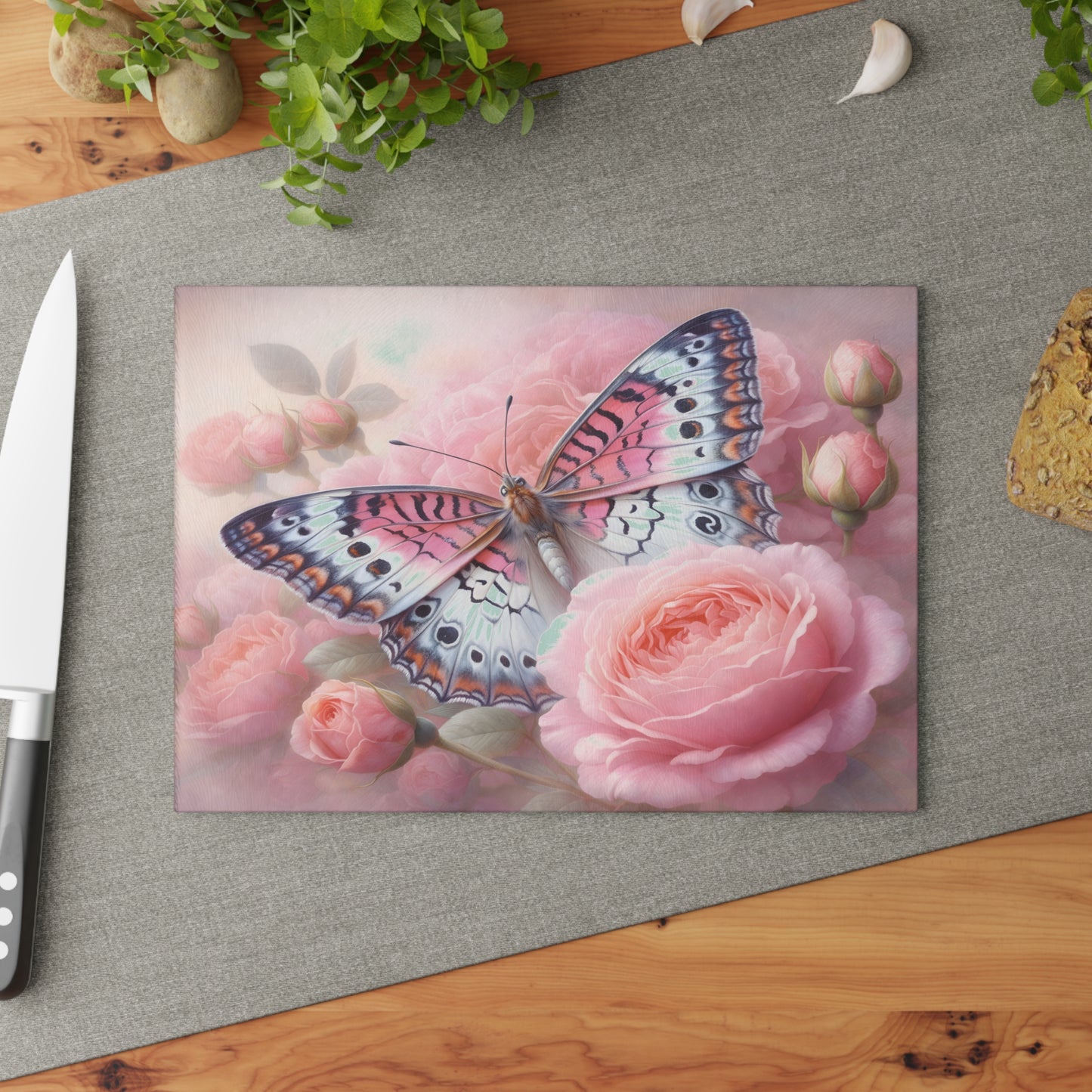 Pink Butterfly & Rose Garden Glass Cutting Board – Elegant Floral Nature Kitchen Décor