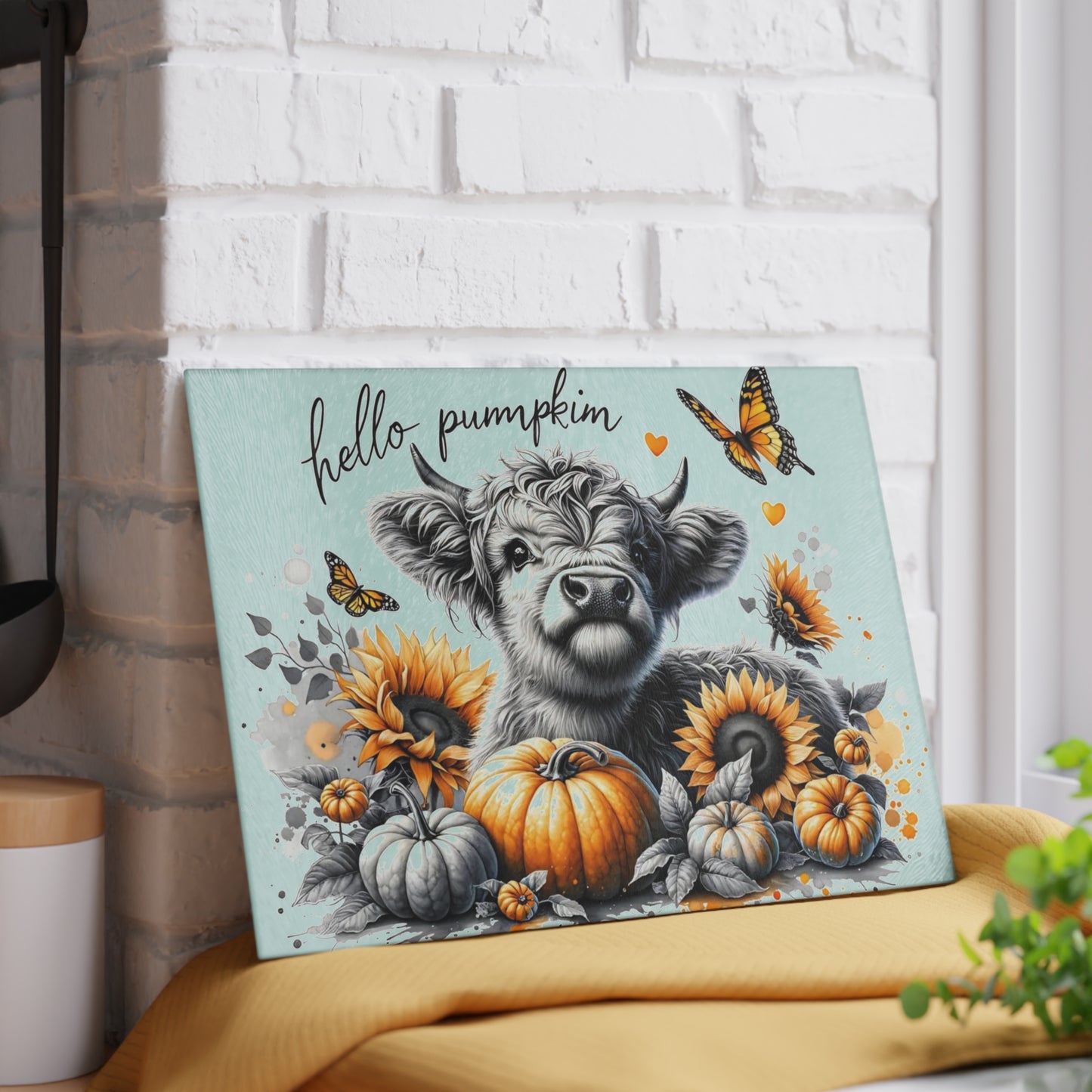 🐮🎃 Hello Pumpkin Highland Cow Cutting Board – Autumn Charm with Sunflowers & Butterflies 🍂🦋