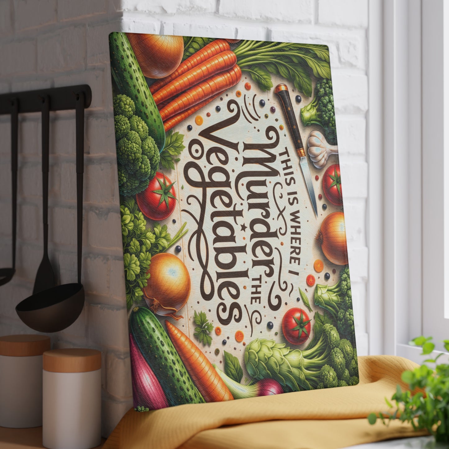 This Is Where I Murder the Vegetables Glass Cutting Board – Funny Kitchen Typography with Fresh Produce Art