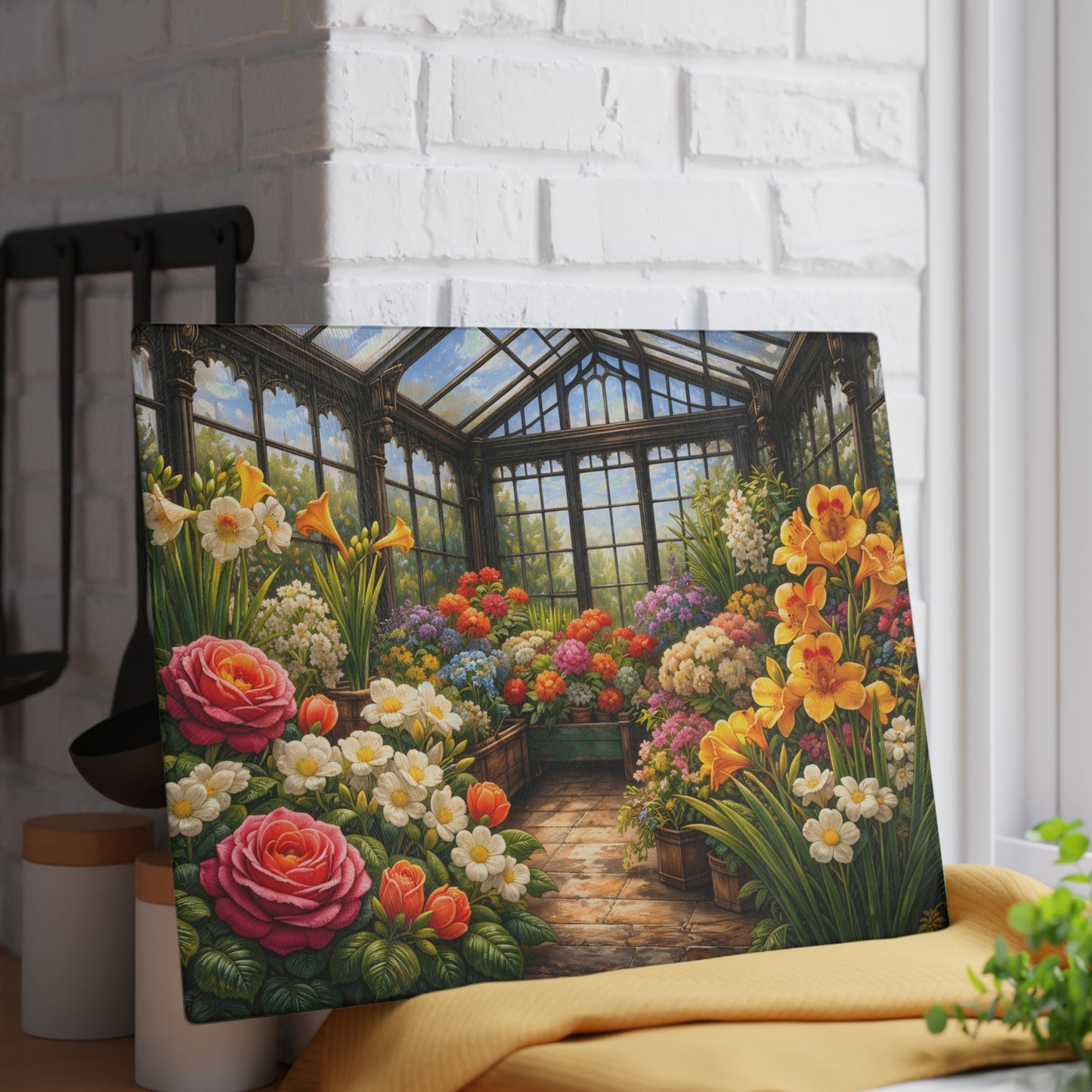 Sunlit Garden Conservatory Glass Cutting Board – Floral Greenhouse Kitchen Décor