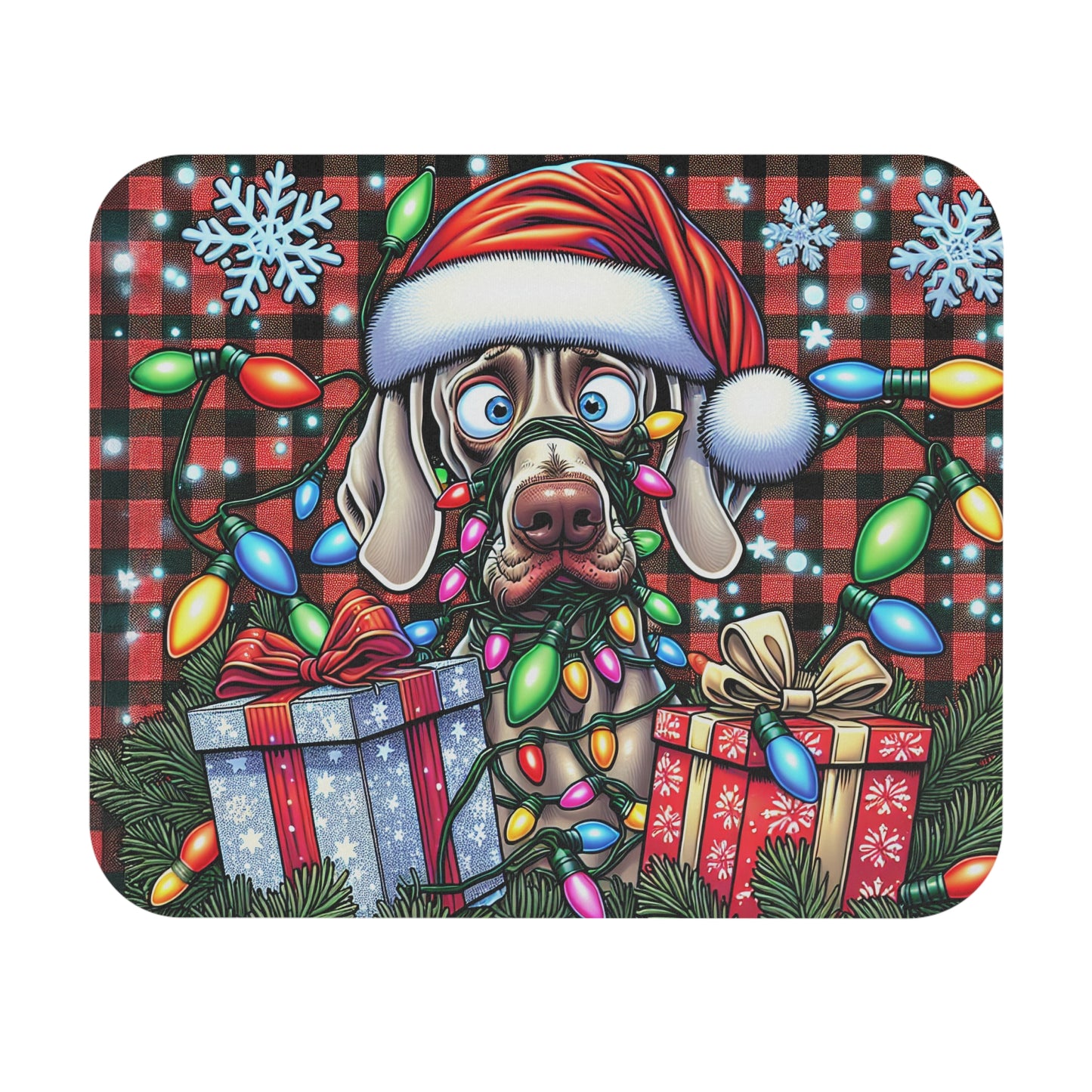 🖱️🎄🐶 Tangled Lights Christmas Dog Mouse Pad – Buffalo Plaid Holiday Desk Art