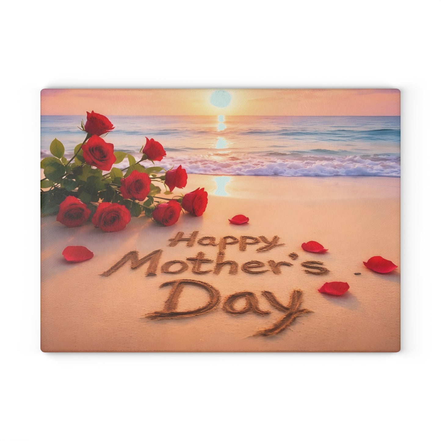 Mother’s Day Beach Scene Glass Cutting Board – Coastal Elegance with Heartfelt Charm