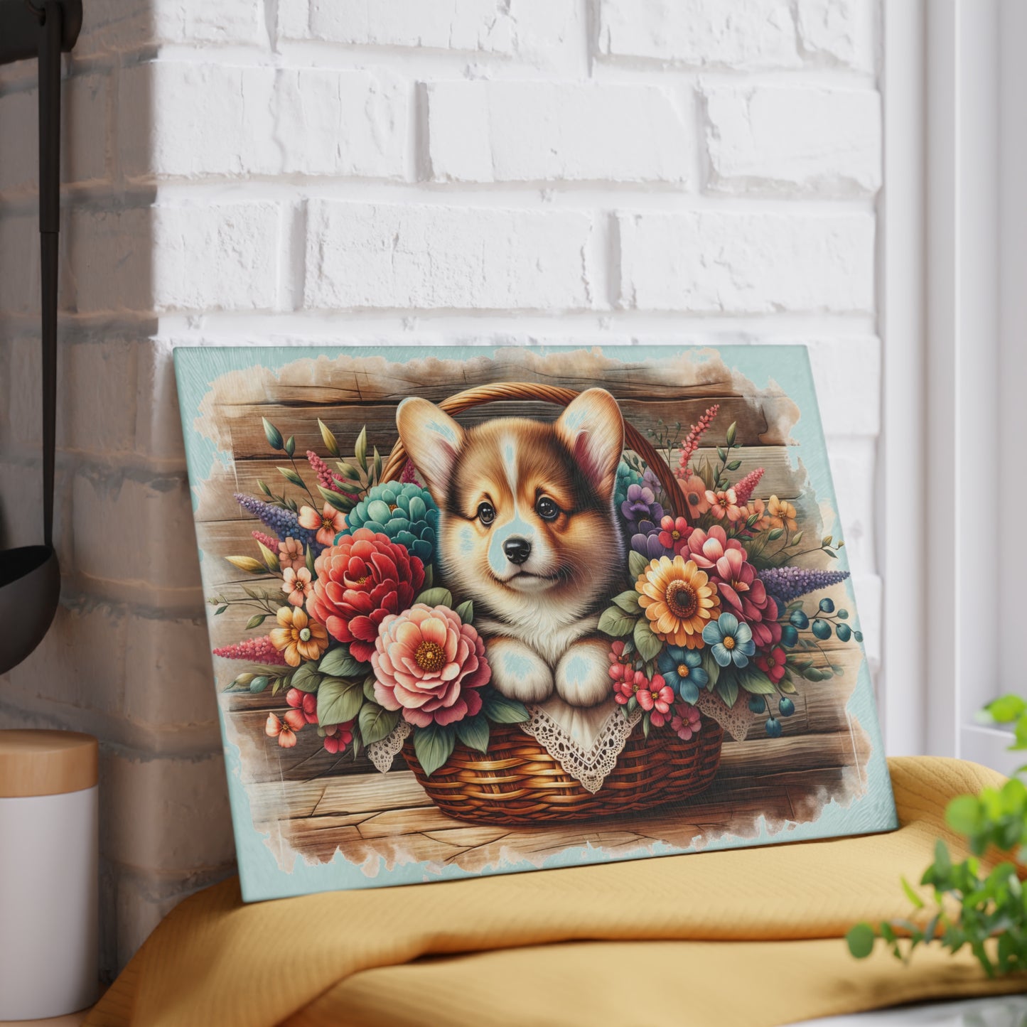 🐶🌸 Corgi in Basket Cutting Board – Sweet Charm Meets Rustic Elegance 🌼