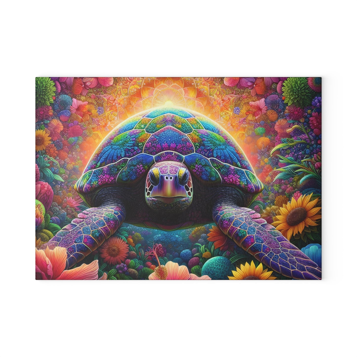 Tabla de cortar de tortuga con flores de neón: colores vibrantes, magia costera y flores artísticas