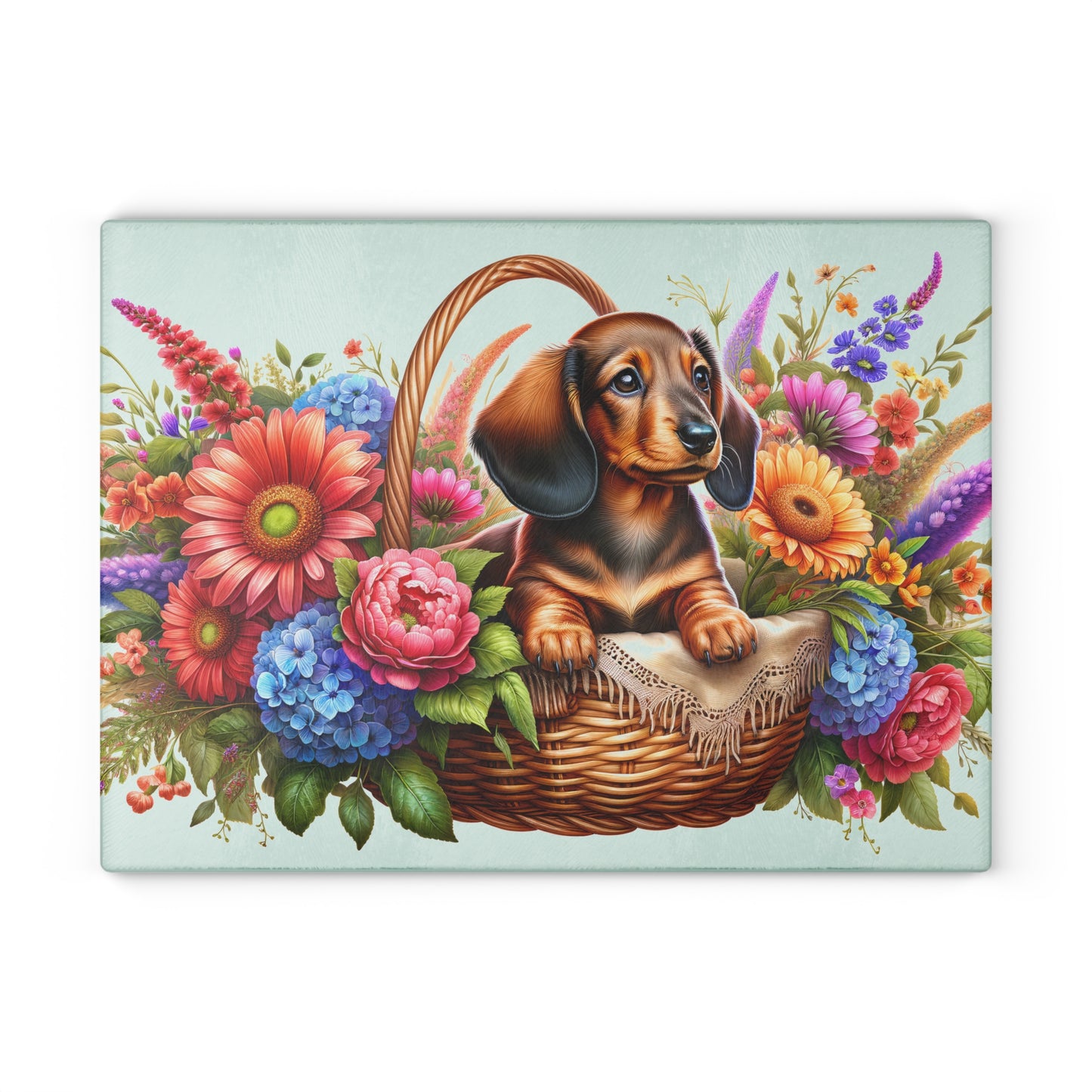 🌸 Dachshund Floral Basket Cutting Board – Whimsical Charm for Your Kitchen