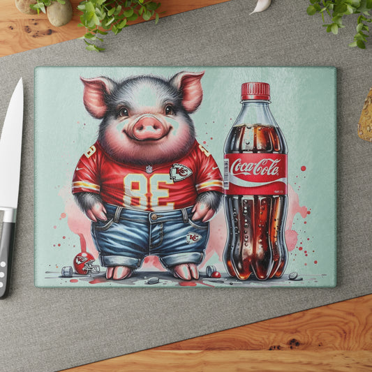 Tabla de cortar de vidrio con diseño de cerdo Jersey rojo y amarillo: arte de cocina audaz con actitud sureña