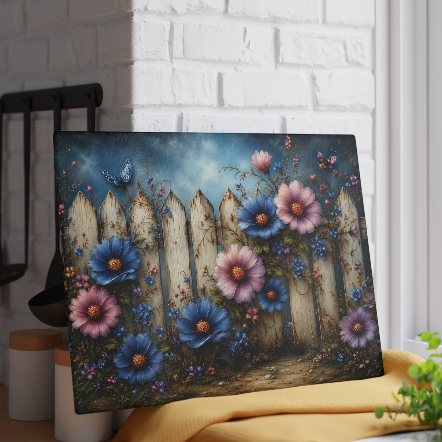 Vintage Floral Fence Glass Cutting Board