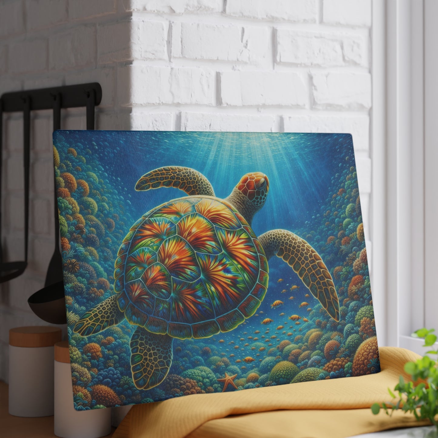 Radiant Sea Turtle Glass Cutting Board – Vibrant Ocean Life Artwork