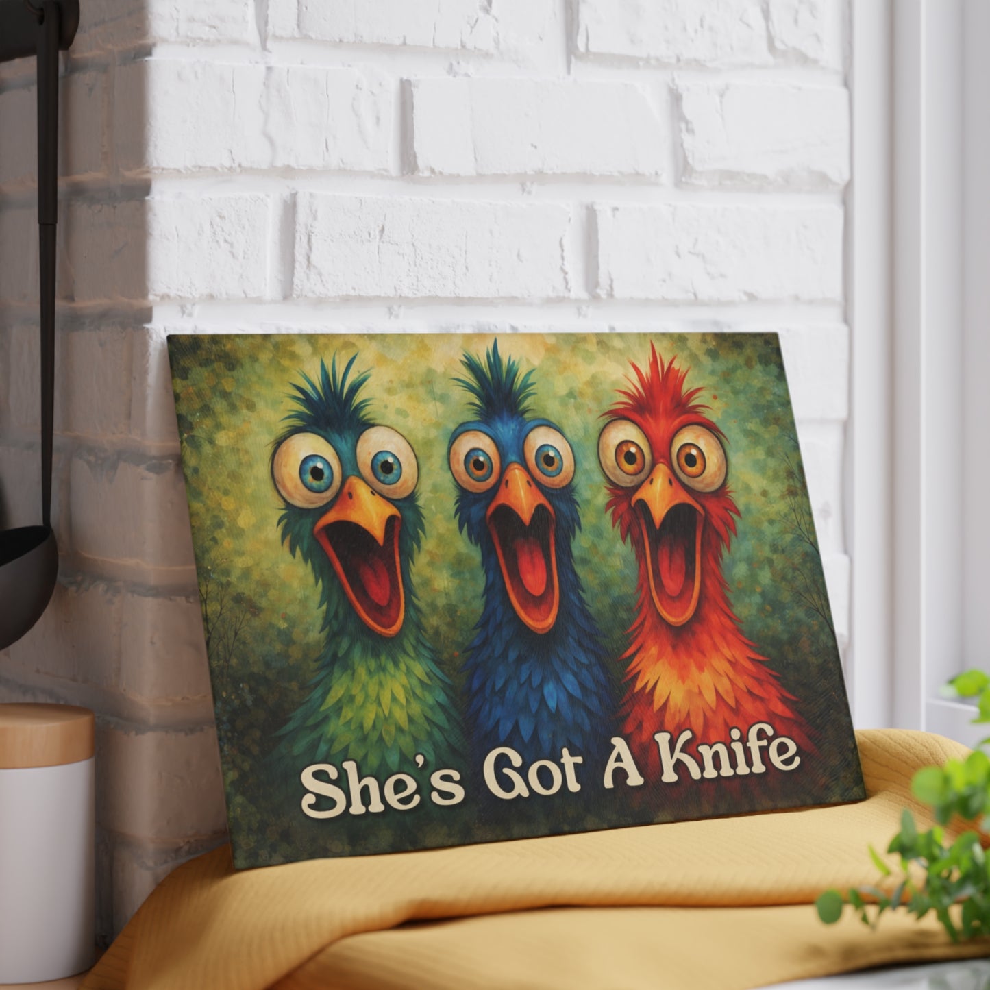 She’s Got a Knife Glass Cutting Board – Colorful Chicken Trio Art with Bold Kitchen Humor