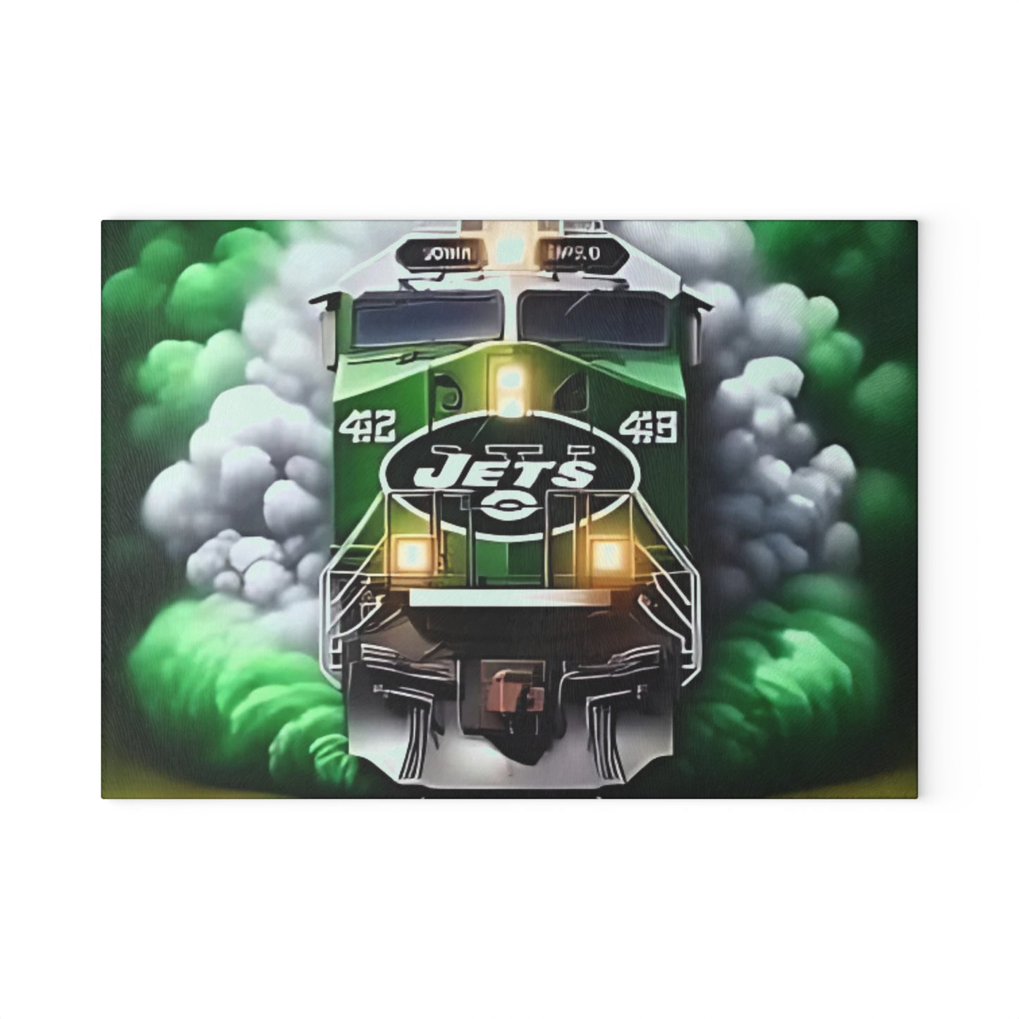 Green & White Express Glass Cutting Board – Clean Train Art for Fresh, Classic Kitchens