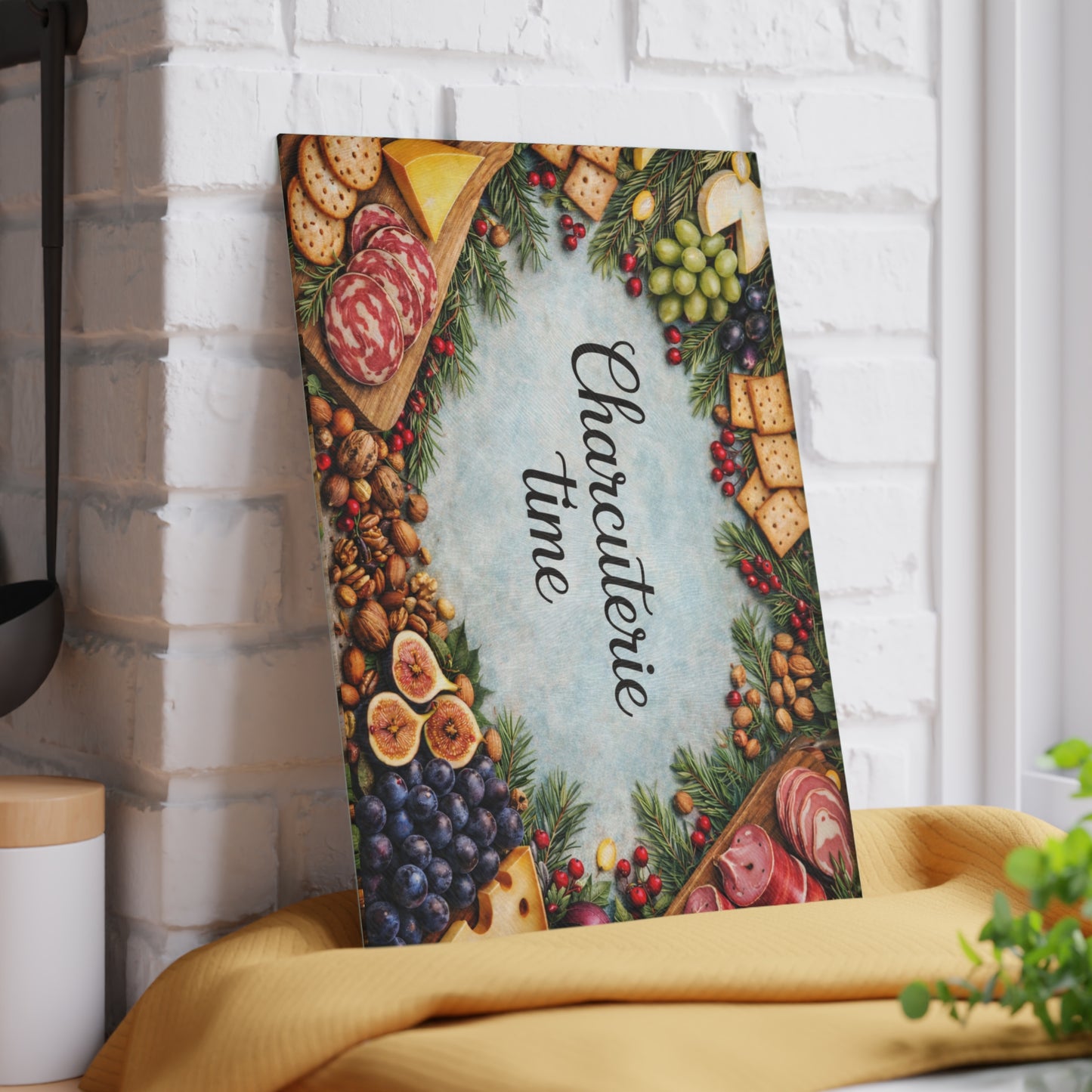 “Charcuterie Time” Festive Entertaining Glass Cutting Board – Holiday Kitchen Décor