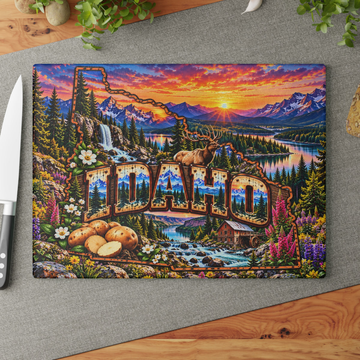 Idaho Glass Cutting Board – Idaho State Map, Rocky Mountains, Elk, Waterfalls, Potatoes & Mountain Sunset Kitchen Décor