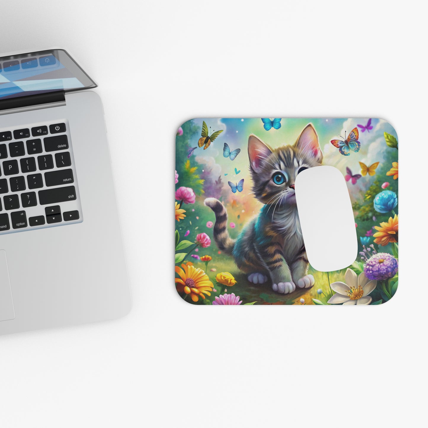 🖱️🦋🐱 Butterfly Garden Kitten Mouse Pad – Whimsical Floral Desk Art