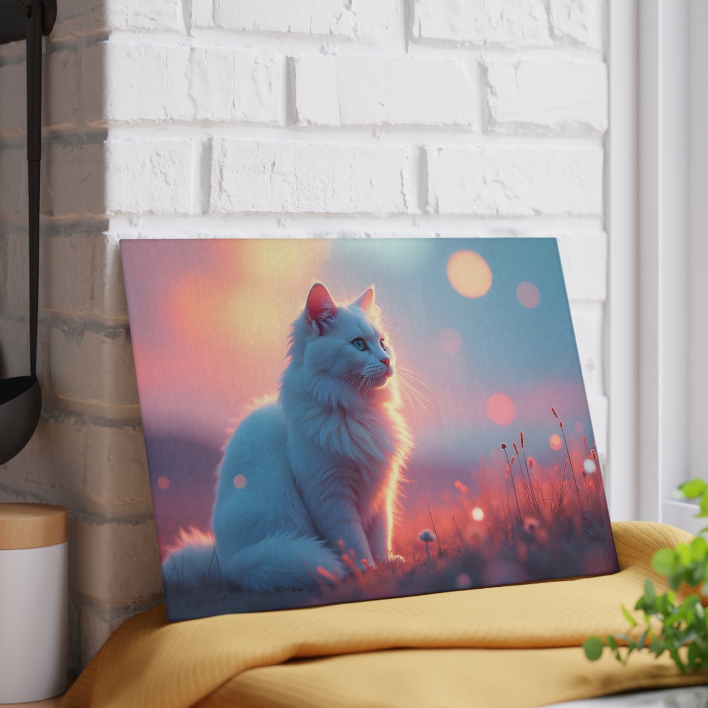 🐱🌅 White Cat Sunset Glow Cutting Board – Serene Elegance for Your Kitchen ✨