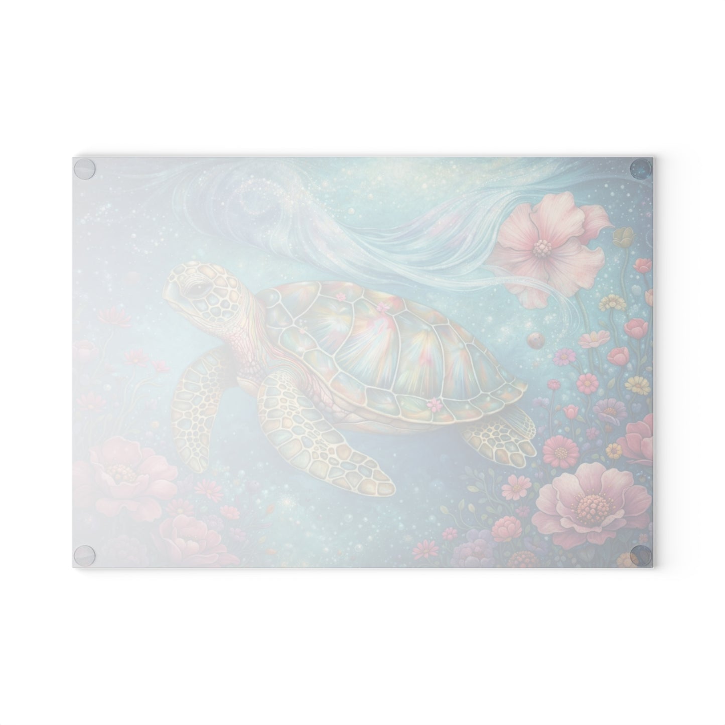 Floral Sea Turtle Glass Cutting Board – Dreamy Ocean Garden with Soft Pastel Blooms