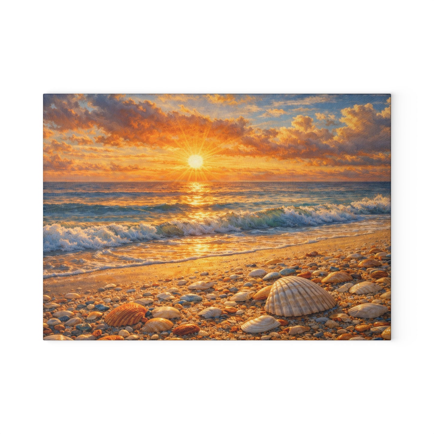 Golden Beach Sunrise Glass Cutting Board – Coastal Seashell Ocean Art