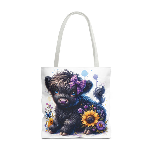 💜 Purple Bow Black Highland Calf Tote Bag – Country Charm with a Pop of Color 🐮👜