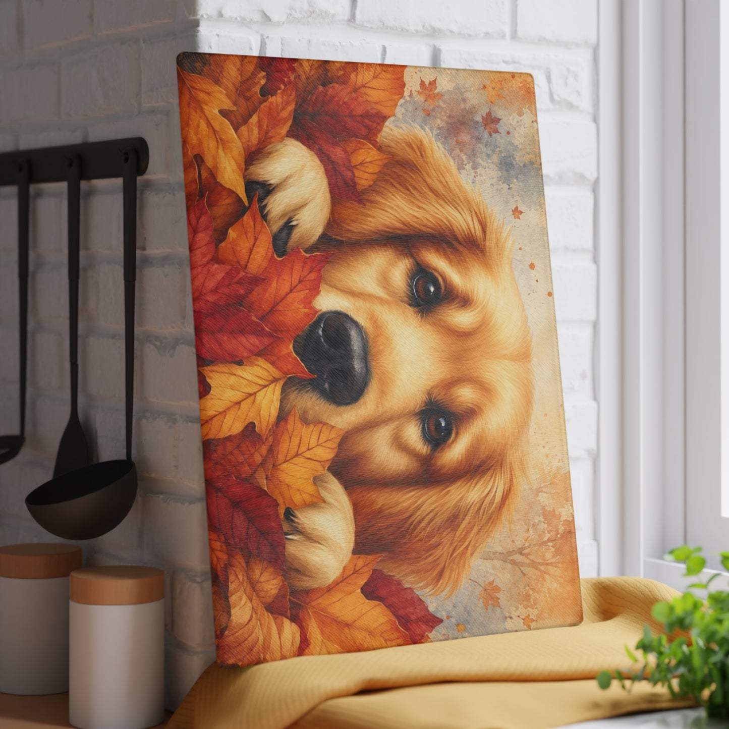 Golden Retriever Autumn Leaves Glass Cutting Board – Cozy Fall Dog Kitchen Décor