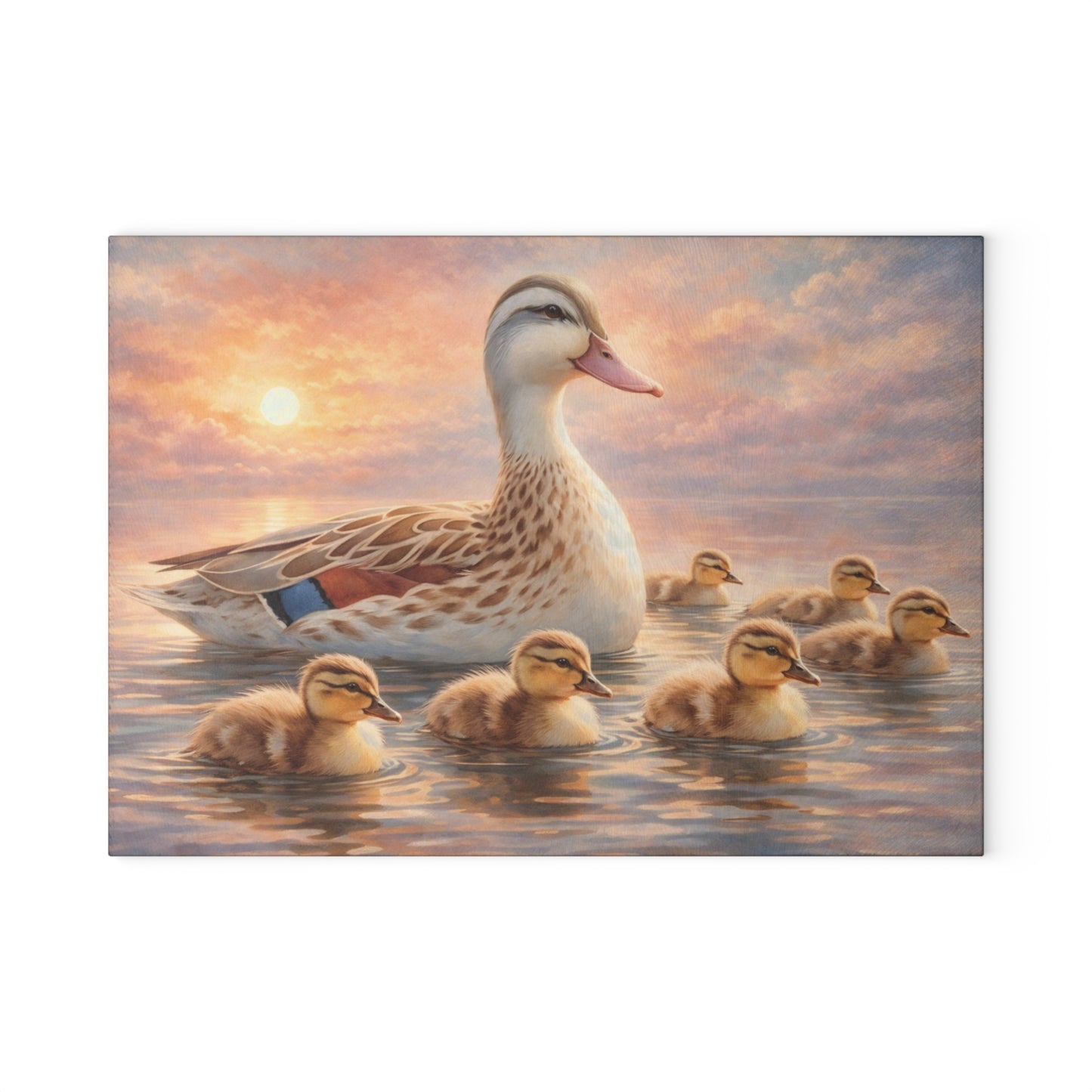 Duck Family Sunset Lake Glass Cutting Board – Peaceful Wildlife Nature Kitchen Art