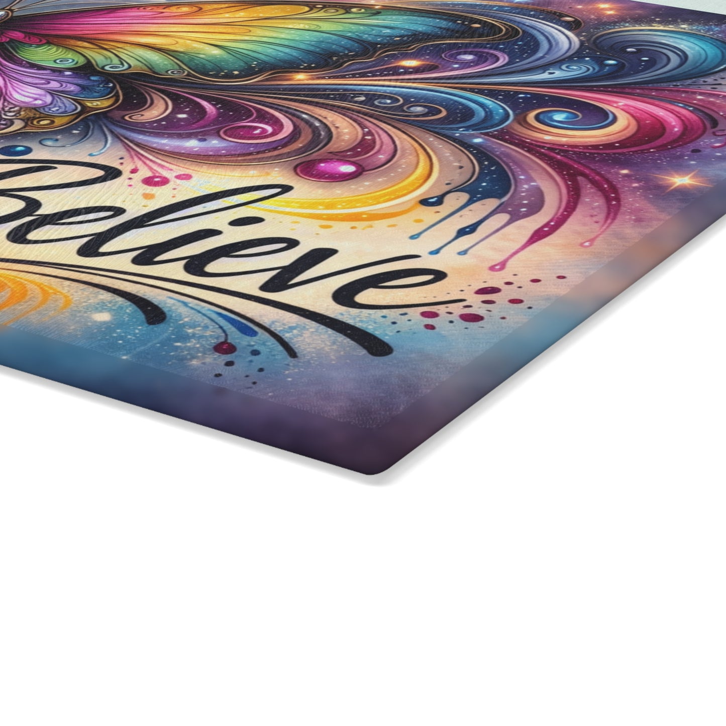 Believe Butterfly Glass Cutting Board – Rainbow Butterfly Inspirational Kitchen Art