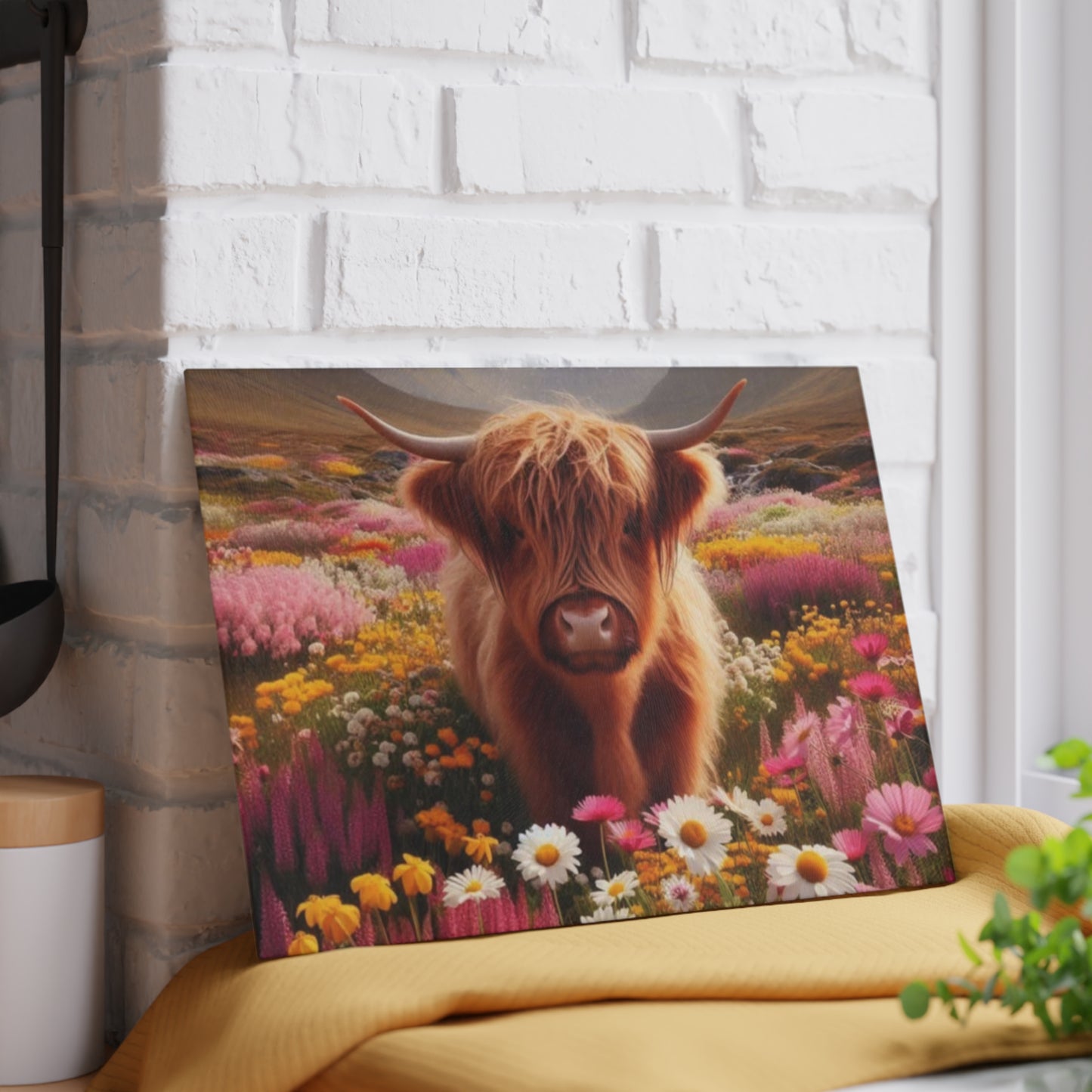 🐮 Highland Cow in a Field of Flowers – Rustic Floral Glass Cutting Board