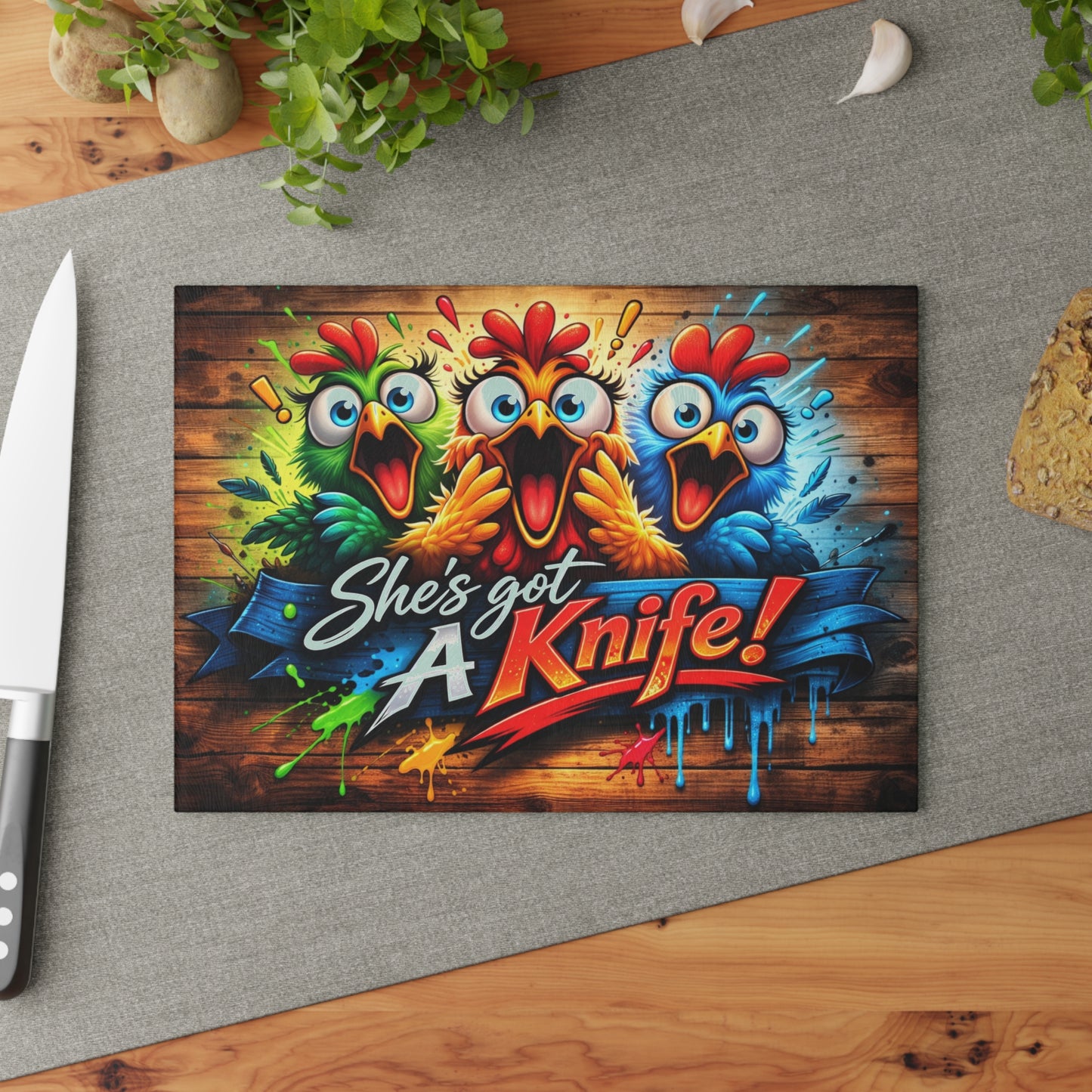 She’s Got a Knife! Glass Cutting Board – Hilarious Chicken Cartoon Kitchen Humor