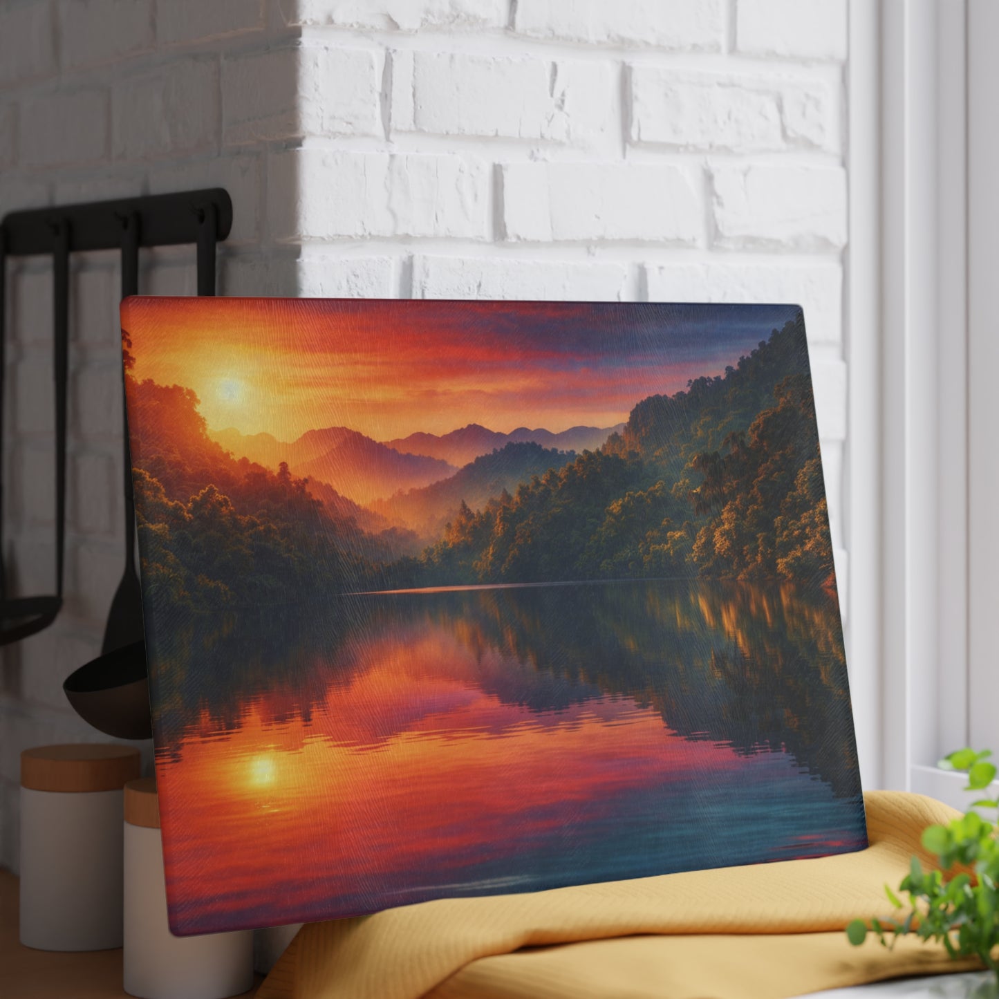 Sunset Mountain Lake Glass Cutting Board – Peaceful Nature Landscape Kitchen Art