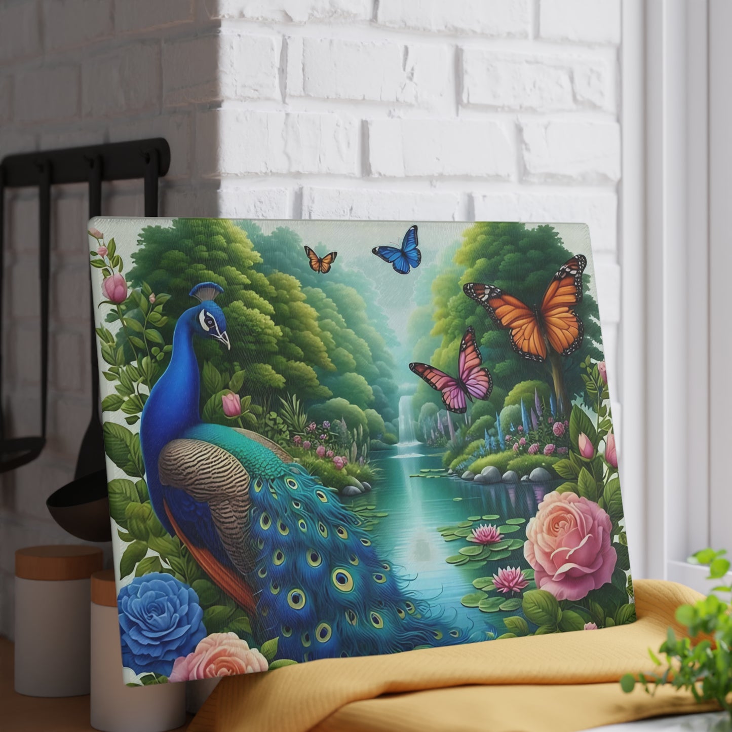 Peacock decor, butterfly decor, cutting board, kitchen decor, kitchen art, serving board, peacock gift, butterfly gift, floral cutting board