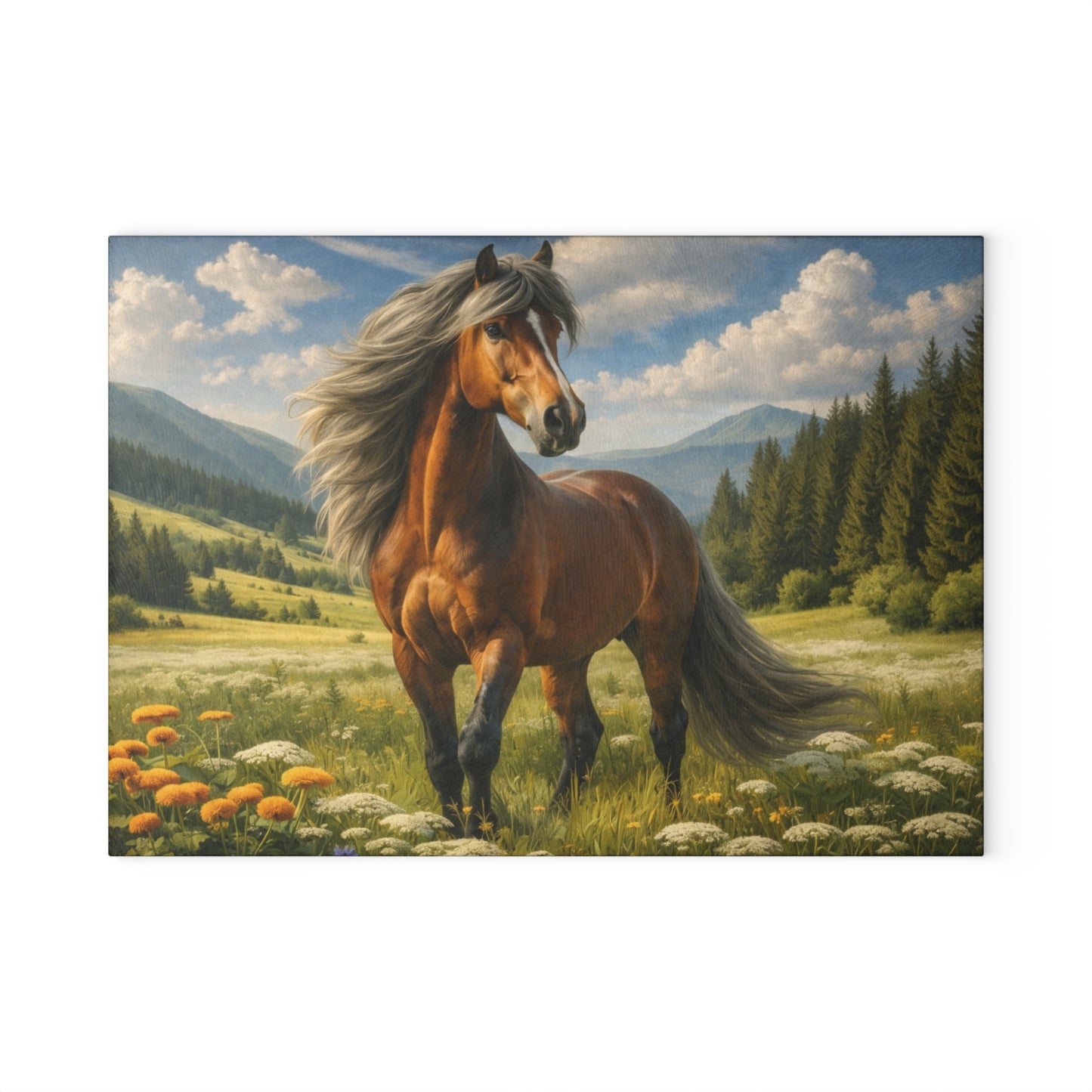 Majestic Horse in Mountain Meadow Glass Cutting Board – Western Farmhouse Horse Lover Kitchen Decor