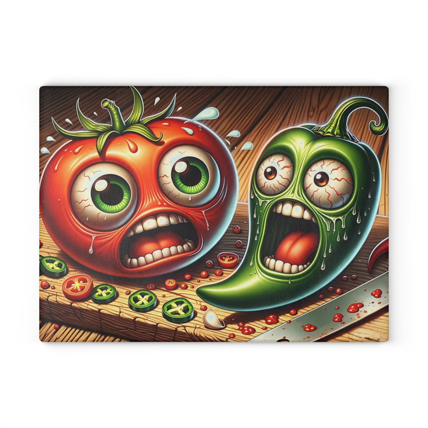 🌶️🍅 “Spicy Sidekick: Tomato & Pepper Panic” Glass Cutting Board – Laugh-Out-Loud Kitchen Vibes