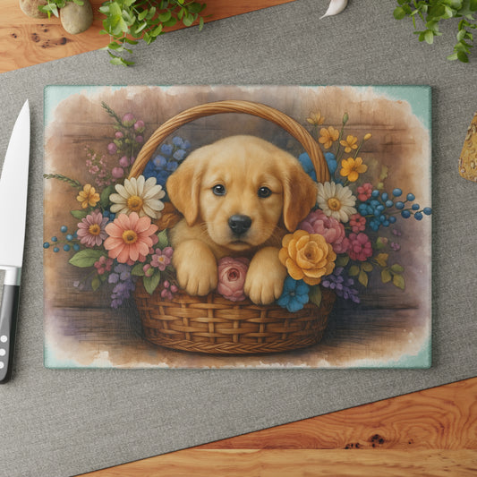 🐾🌼 Golden Puppy in Basket Cutting Board – Timeless Sweetness for Your Kitchen 🌸