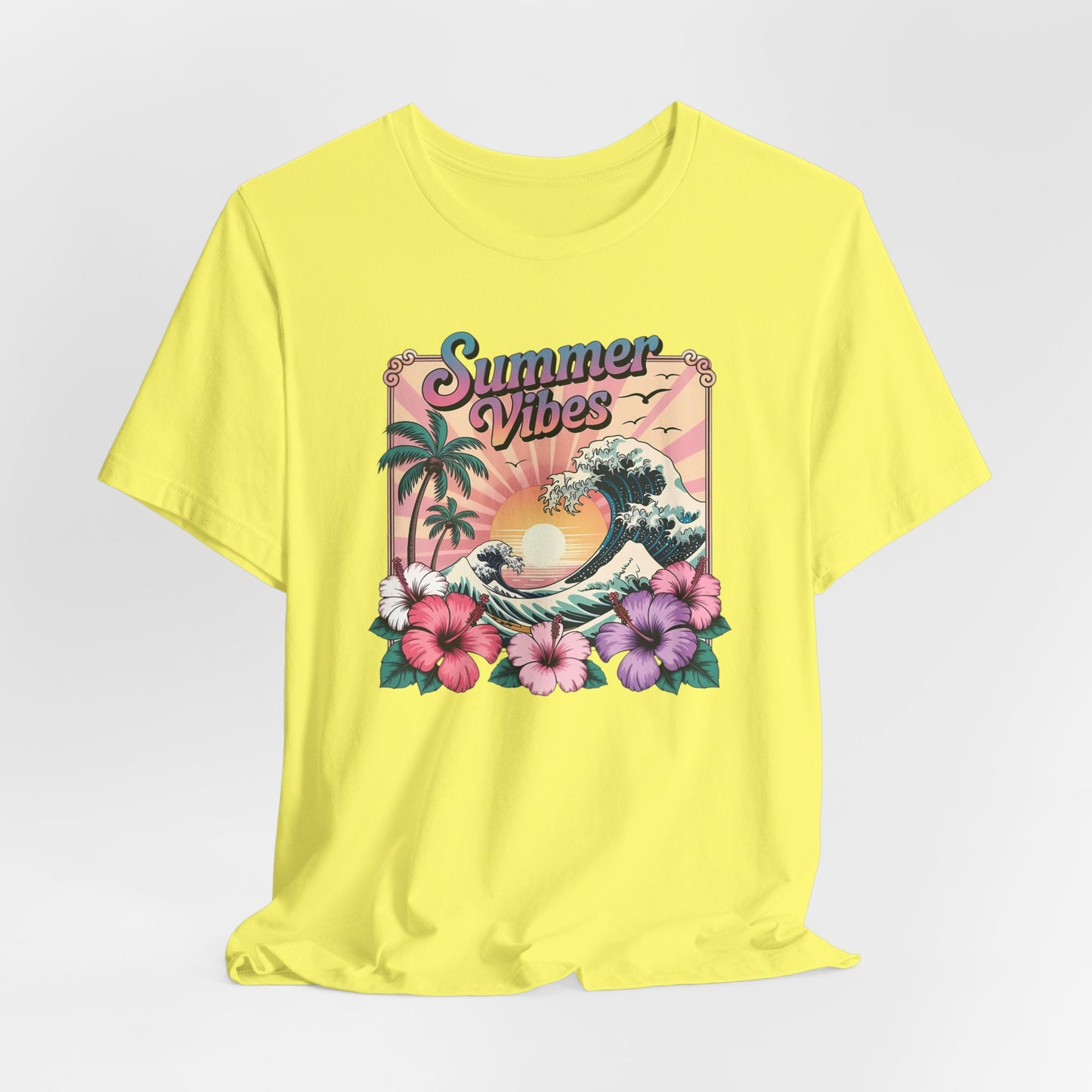 ☀️ Camiseta Summer Vibes – Ola playera vibrante, hibisco y palmeras | Camiseta gráfica para mujer