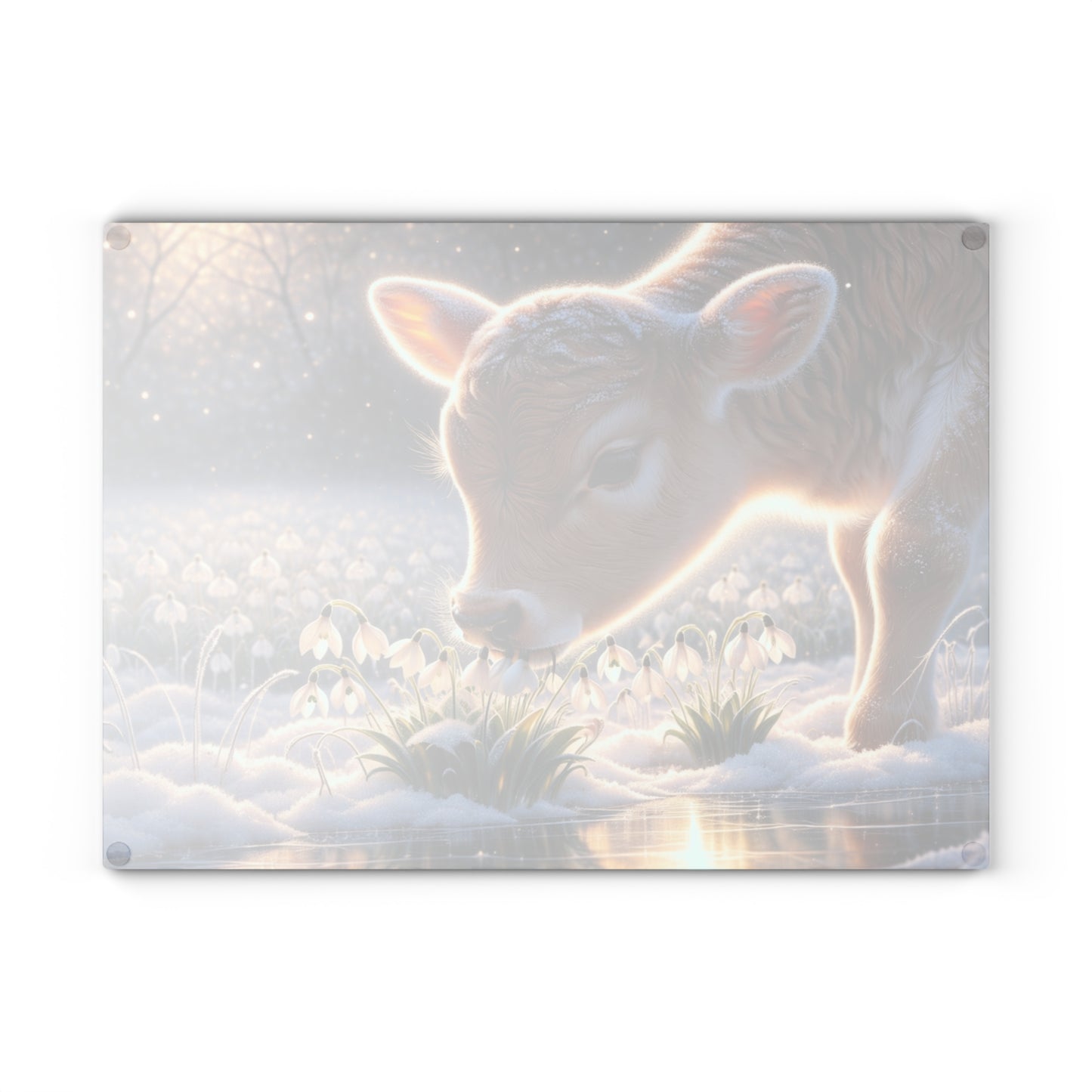 Frosted Meadow Calf Glass Cutting Board – Whimsical Winter Farm Art