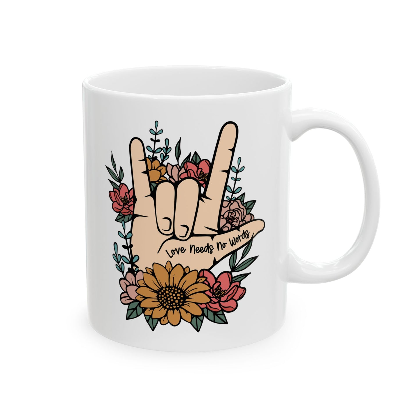 💖 "El amor no necesita palabras" – Taza de mano en lenguaje de señas con un hermoso diseño floral 🌸