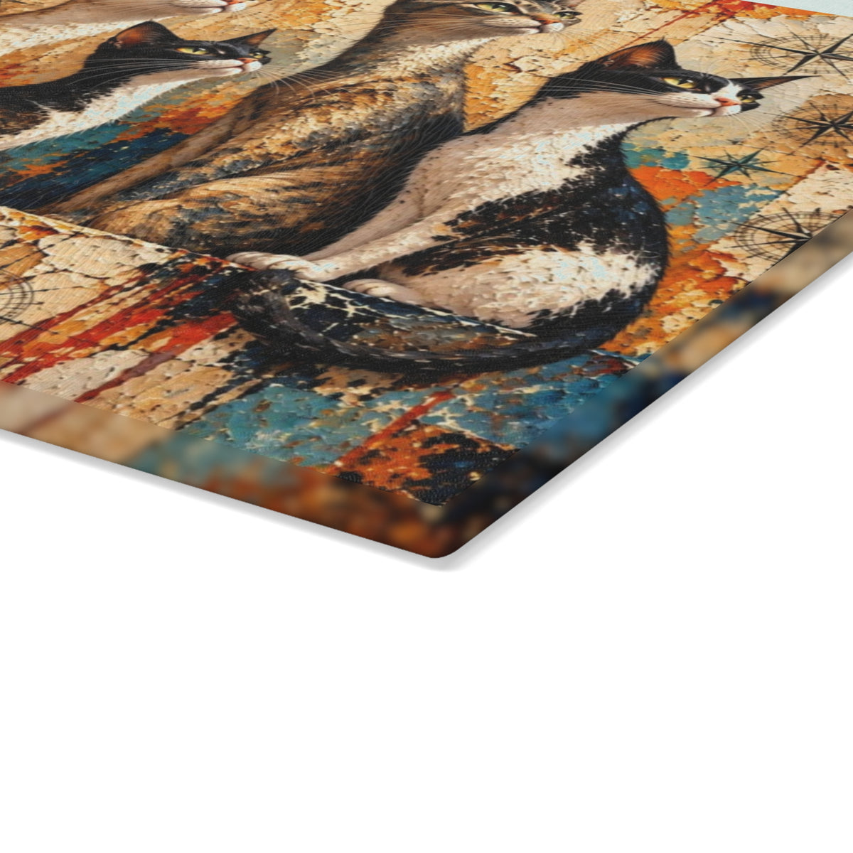 Five Curious Cats Tempered Glass Cutting Board – Colorful Mediterranean Cat Artwork – 11 × 15 Inches