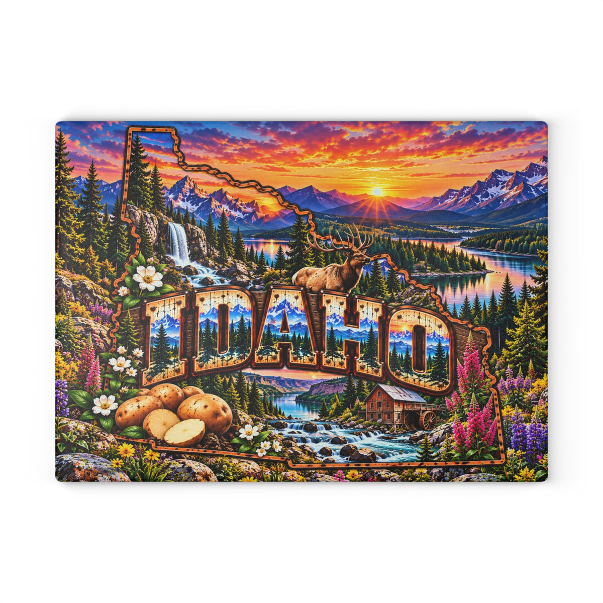 Idaho Glass Cutting Board – Idaho State Map, Rocky Mountains, Elk, Waterfalls, Potatoes & Mountain Sunset Kitchen Décor