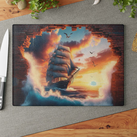 Tabla de cortar de vidrio templado de un majestuoso velero que atraviesa una pared de ladrillos desmoronada
