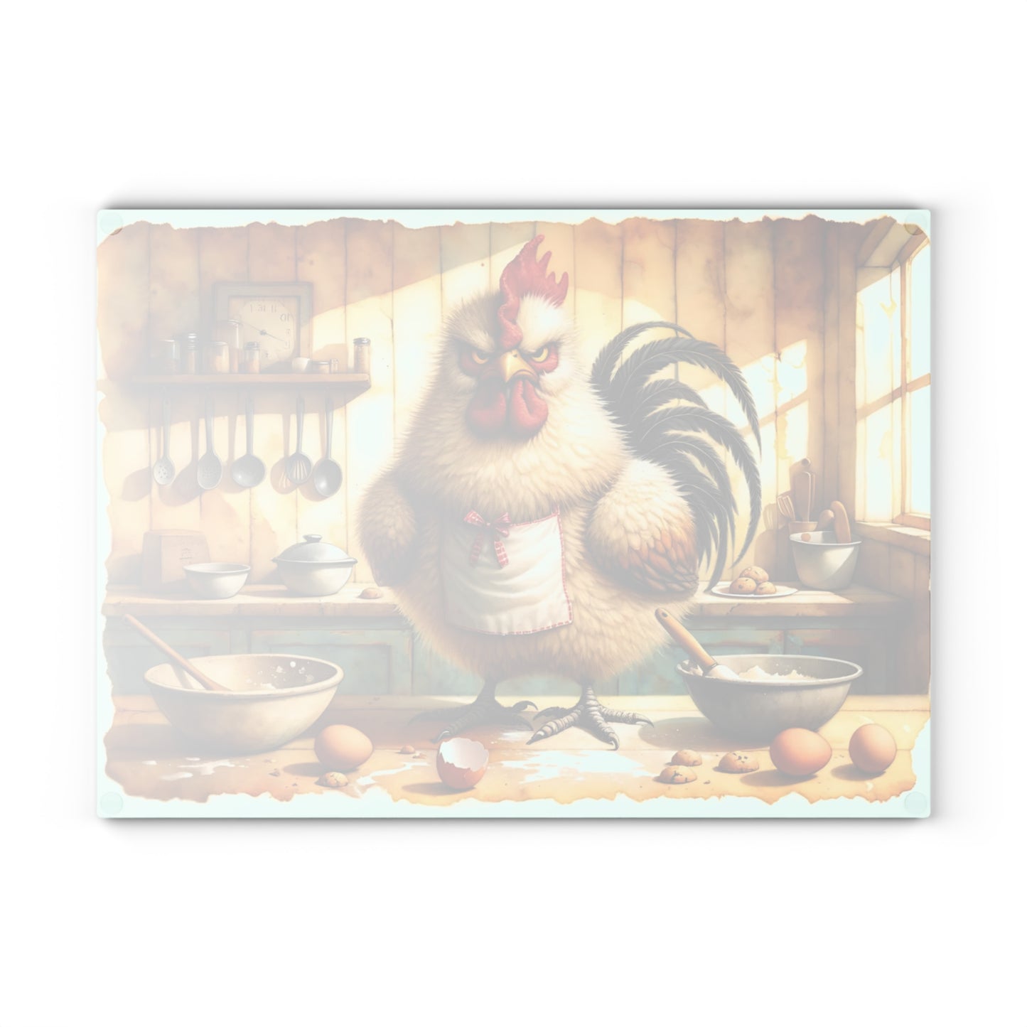 🐓🍪 “Grumpy Baker Rooster” Glass Cutting Board – Cozy Laughs for Your Kitchen