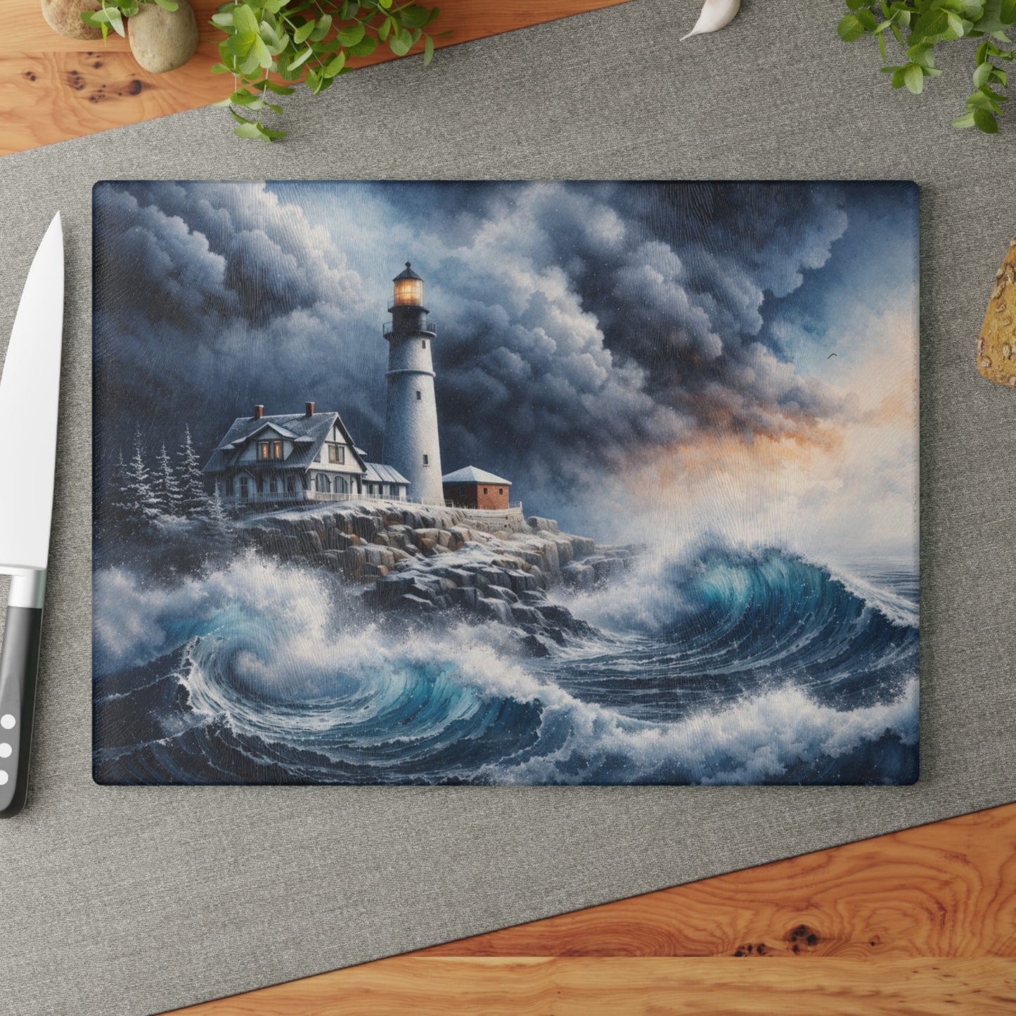 Storm watch Lighthouse Glass Cutting Board – Dramatic Coastal Ocean Art