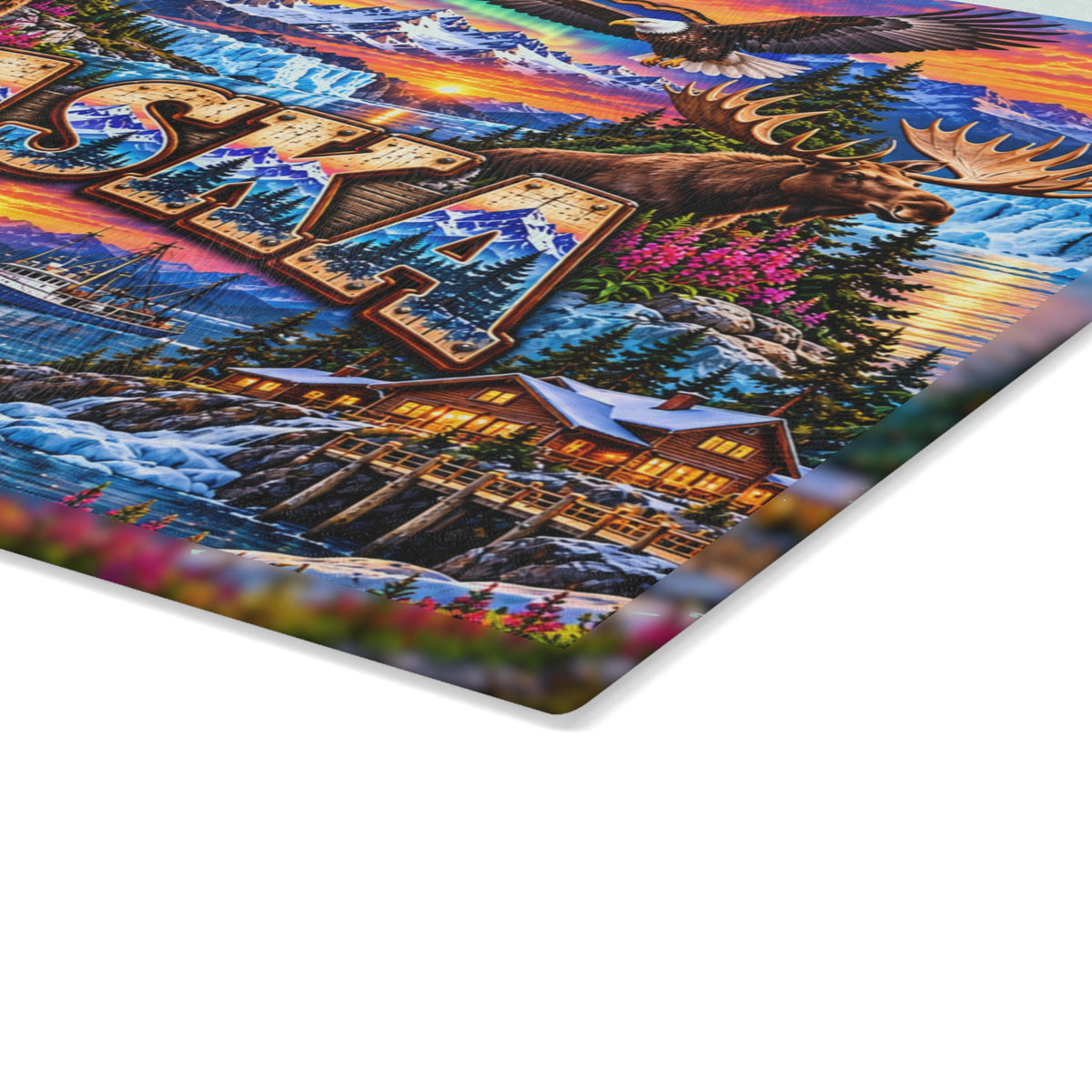 Alaska Scenic Wildlife Glass Cutting Board – Northern Lights, Mountains, Bears, Moose & Coastal Kitchen Décor