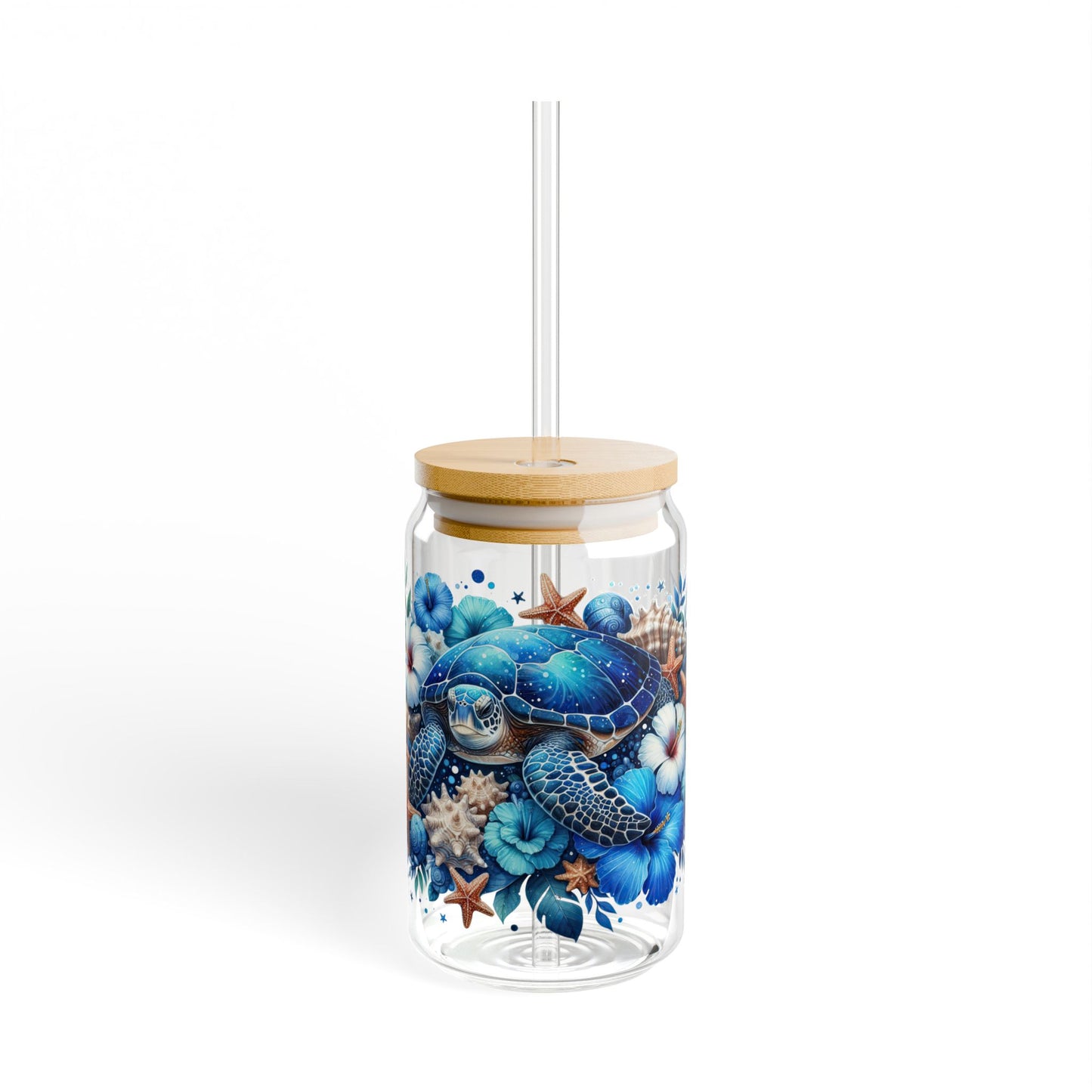 Vaso para beber con forma de tortuga marina azul y estrella de mar – 16 oz Ocean Vibes con tapa de bambú y pajita 🌊