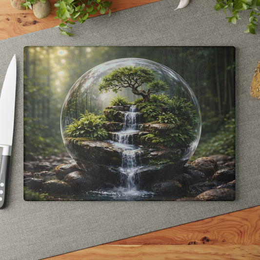 Enchanted Forest Waterfall Terrarium Glass Cutting Board – Nature-Inspired Zen Kitchen Art